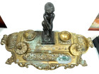 Antique Ornate Cast Brass Double Ink Well With Bronze Figurine