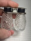 Vtg Glass Mini Travel Salt Pepper Set W metal Flip Top Cover