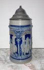 German Lidded Beer Stein Blue White Tavern Scene Stoneware Pottery Vtg