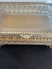Vintage 1950s Gold Filigree Glass Top Trinket Jewelry Box Velvet Lined