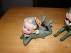 Vintage 1950s Elf Pixie Fairy Figurine Set Of 3 Green Ceramic Playful Whimsical