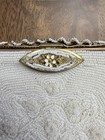 White Beaded Evening Bag Clutch  Gold Tone Metal Frame Handle  Floral Clasp