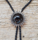 Vintage Western Cowboy Agate Sun Pattern Bolo Tie Wedding Necklace Leather Rope