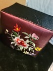 Peony Flower Embroidered Satin Jewelry Box  Mirror New Vintage Plum Burgundy Red