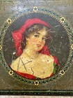 Pretty Antique Wooden Sewing Box Victorian Paper Top  Detailed Interior  19th C
