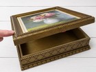 Antique Glass Top Jewelry Box Floral Print Vanity Trinket Box Gold Tone Mirror