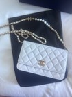 Chanel White Quilted Wallet On Chain Woc Gold Chain Pearl Strap Box Dust Bag