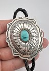Vtg J Blackgoat Navajo Sterling Silver Kingman Turquoise Stamped Oval Bolo Tie