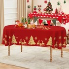 Christmas Oval Tablecloth 60  84 Inch Red Oval Table Cloth Golden Deer Xmas Tr   