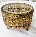 Vtg Ormolu Gold Filigree Oval Glass Velvet Jewelry Vanity Casket Box Beveled Mcm