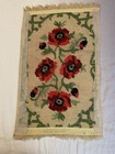 Wool Vintage Needlepoint Rug  Wall Hanging Red Flowers Tan Background 22x34 Aa