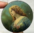    antique 1900s Celluloid Victorian Lady Flowers Advertising Pocket Mirror 2 5      