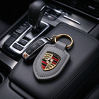 For Porsche Exclusive Coat  Arms Turbonite Gray Leather Keychain Crest Key Ring