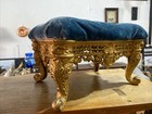 Antique vintage Victorian Gold Tone Cast Iron Footstool With Blue Velvet Top