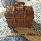 Vtg 1980s Wicker Picnic Basket Woven Rattan Picnic  Retro Boho Decor