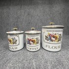 Vintage George Briard Enamel  3 Canister Flour Sugar Coffee Set  Fruit Kitchen