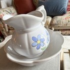 Vintage Mccoy   Pitcher   Wash Basin Set  White Blue Floral 