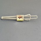 Vintage Equestrian Horse Rider Reverse Painted Glass Tie Bar Clip Silver Tone