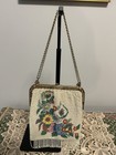 Vintage Floral Micro-beaded Purse With Loop Beaded Fringe And Ornate Jewel Frame