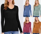Round Neck Rayon Long Sleeve Top Soft Stretch Classic Plain Fitted Tee T Shirt