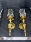 2 Vtg Solid Brass Wall Candle Holder Sconce Crackle Glass Hurricane Globe 10 5   