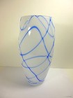 Vintage Handblown Vase 12  Tall Blue Spider Web White Abstract Design Art Glass 