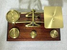 Vtg English Brass And Wood Desktop Postage Postal Scale And 4 Weights Desk Decor
