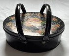 Vintage Oval Tin Sewing Storage Box Black   Rose Floral Lid 2-handles W contents