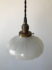 Vtg Hanging Ceiling Light Brass Fixture Scalloped White Glass Shade Old 954-26b