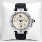 Cartier Pasha 38mm Automatic 2378 White Dial Date Steel Bezel Black Leather Band