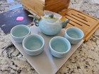 Vintage Chinese Porcelain Tea Set 5 Pcs  In Bamboo Box  2 In  Diameter Cups 
