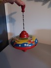 Antique 1950   s Spinning Top Metal Tin Lithograph Print With Wood Handle Ohio Art