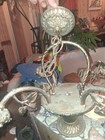 Antique French Art Nouveau Gilt Woven Bronze Basket Chandelier With Glass Roses