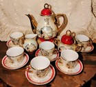 New Vintage 17 Piece Iridescent Porcelain Demitasse Tea Set     Gold   Maroon