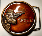 Vintage 1979 Metal Belt Buckle  Enameled Brass  Pull  Hunting  Target