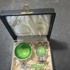 Boxed Set Meka Denmark Sterling Green Enamel Salt Cellar pepper Shaker spoon