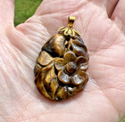 Vintage Chinese Carved Undyed Tigers Eye  14k Gold Pendant 48mm 12 8 Gr