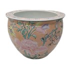 Vintage Xl Chinoiserie Chinese Koi Fish Bowl Jardiniere Planter Pink Floral 10 