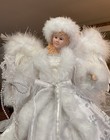 Christmas Angel Tree Topper White   Silver Gown 17    Porcelain Face Feather Wings