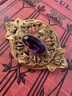 Antique 1900s J j s  Brooch     Art Nouveau Brass Filigree Pin Amethyst Glass Pin