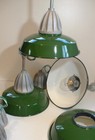 One 1940 s Pyle National 18  Green Porcelain Industrial Pendant Barn Light Vtg