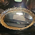 Vintage Oval Brass Makeup Perfume Mirrored Tray Vanity Ornate l   