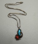 Vintage Navajo Craved Turquoise   Coral Sterling Silver Native American Necklace
