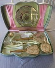 Vintage Gold Filigree Vanity Dresser Set 6 Piece In Original Case Mirror Brush 