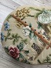 Antique French Needlepoint Footstool Hand Carved Oval Shape Musical Instruments