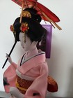 Vintage Japanese  Doll On Stand Kimono Floral Pink Dress Collector Umbrella 