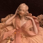 Victorian Porcelain Lady Pincushion Vintage Cushion Dress  Antique Pink 
