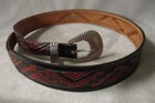 Vintage Chambers Red   Black Leather Belt Tooled Sz 30 Western Silver Buckle