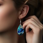 Teal Blue Faux Stained Glass Art Print Dangle Earrings Teardrop Wood Drop Style