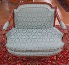 Early 20th Century French Louis Xvi Style Walnut Teal Damask Settee Window Bench